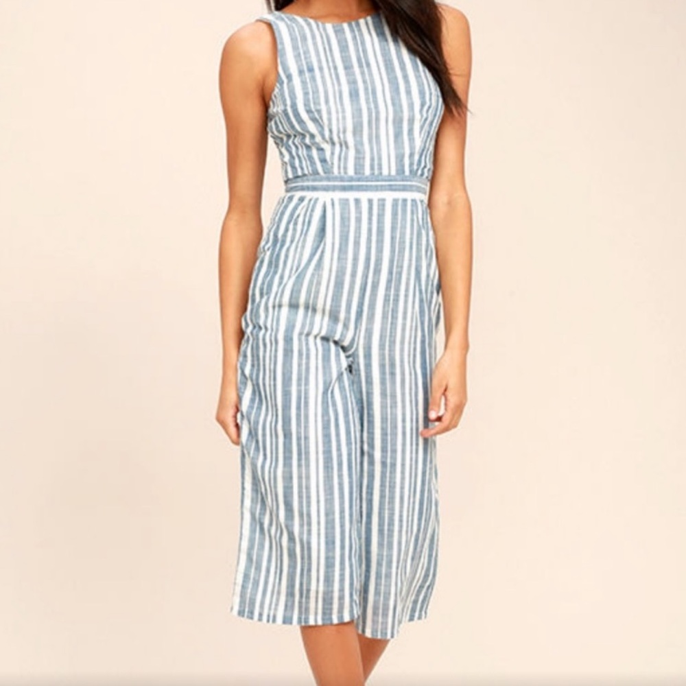 Lulu’s Olive & Oak My Dearest Blue and White Midi Striped Jumpsuit